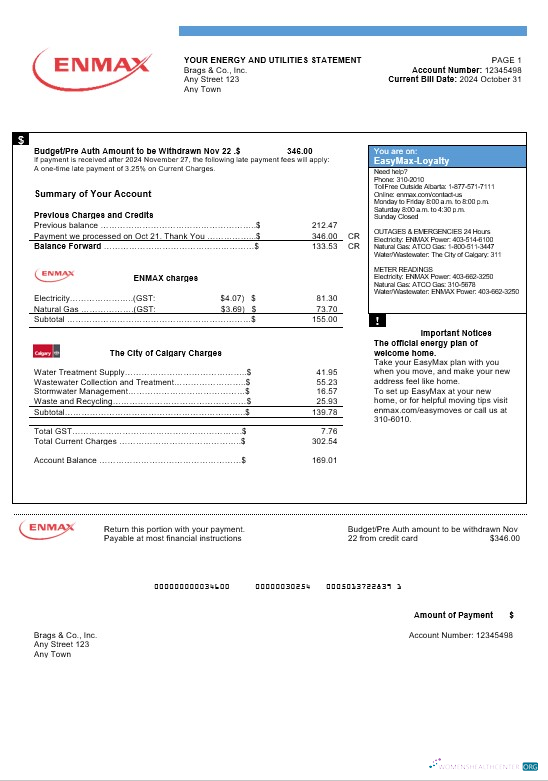 Download Canada Enmax business utility bill Word and PDF template Photoshop template